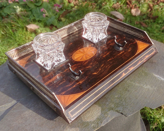 Coromandel and Satinwood Pen and Ink Tray With Silver Mounts and Feet by Rupert Farrell dated 1886