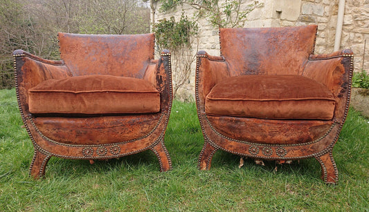 Old Leather Pair of Chairs