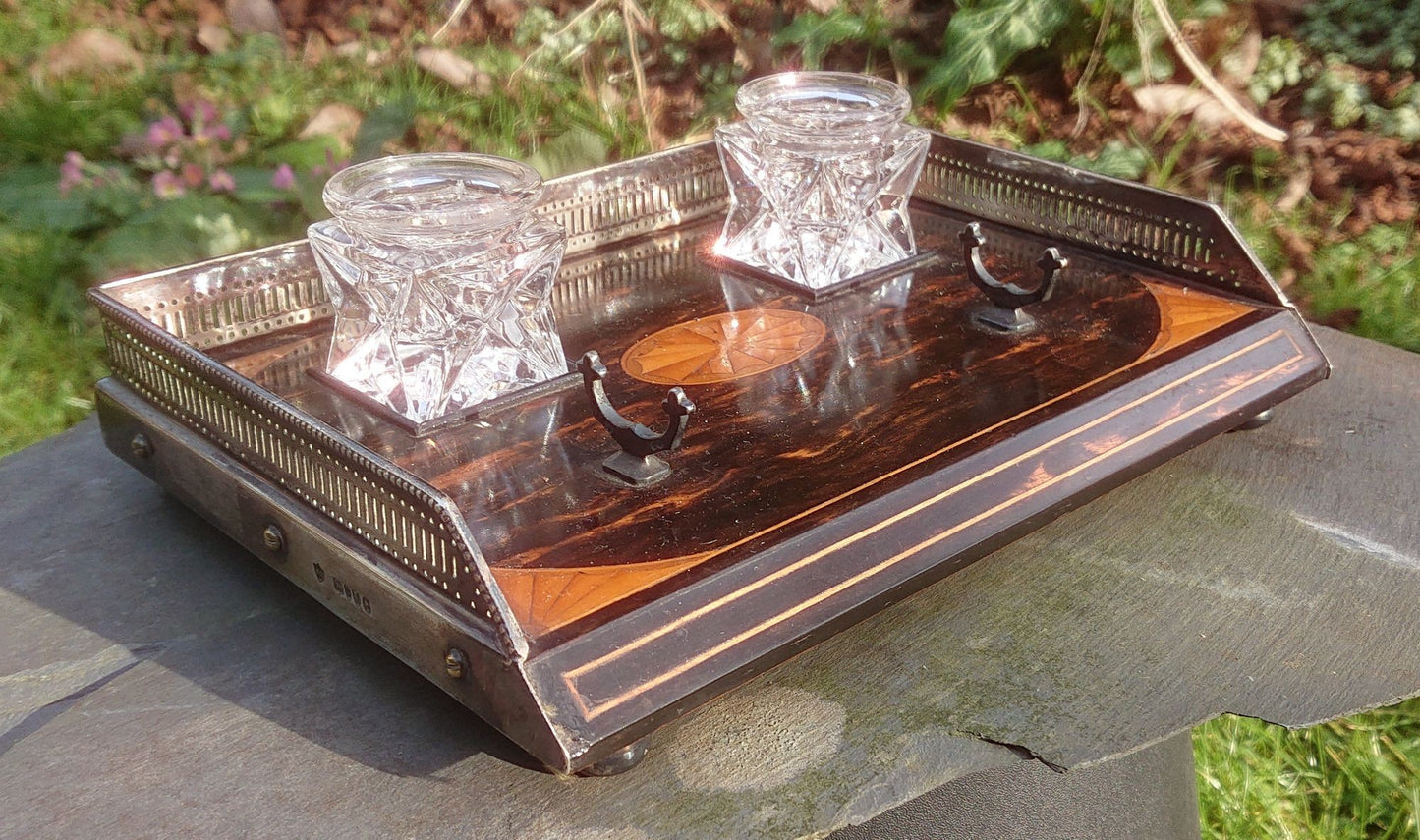 Coromandel and Satinwood Pen and Ink Tray With Silver Mounts and Feet by Rupert Farrell dated 1886