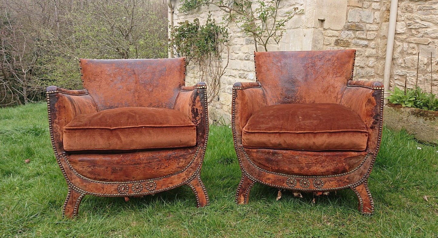 Old Leather Pair of Chairs