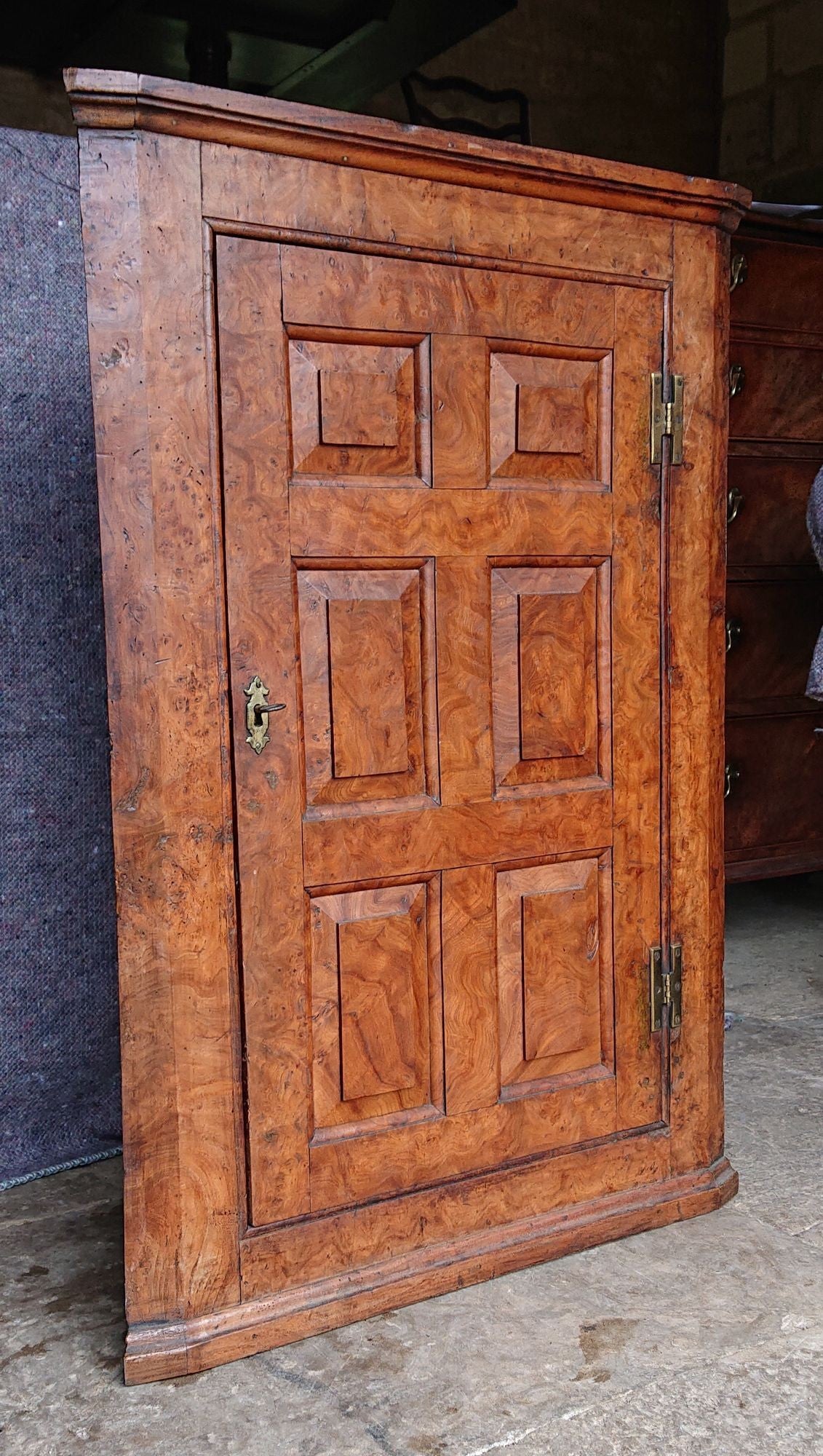 Mid 18th Century Burr Oak Corner Cupboard