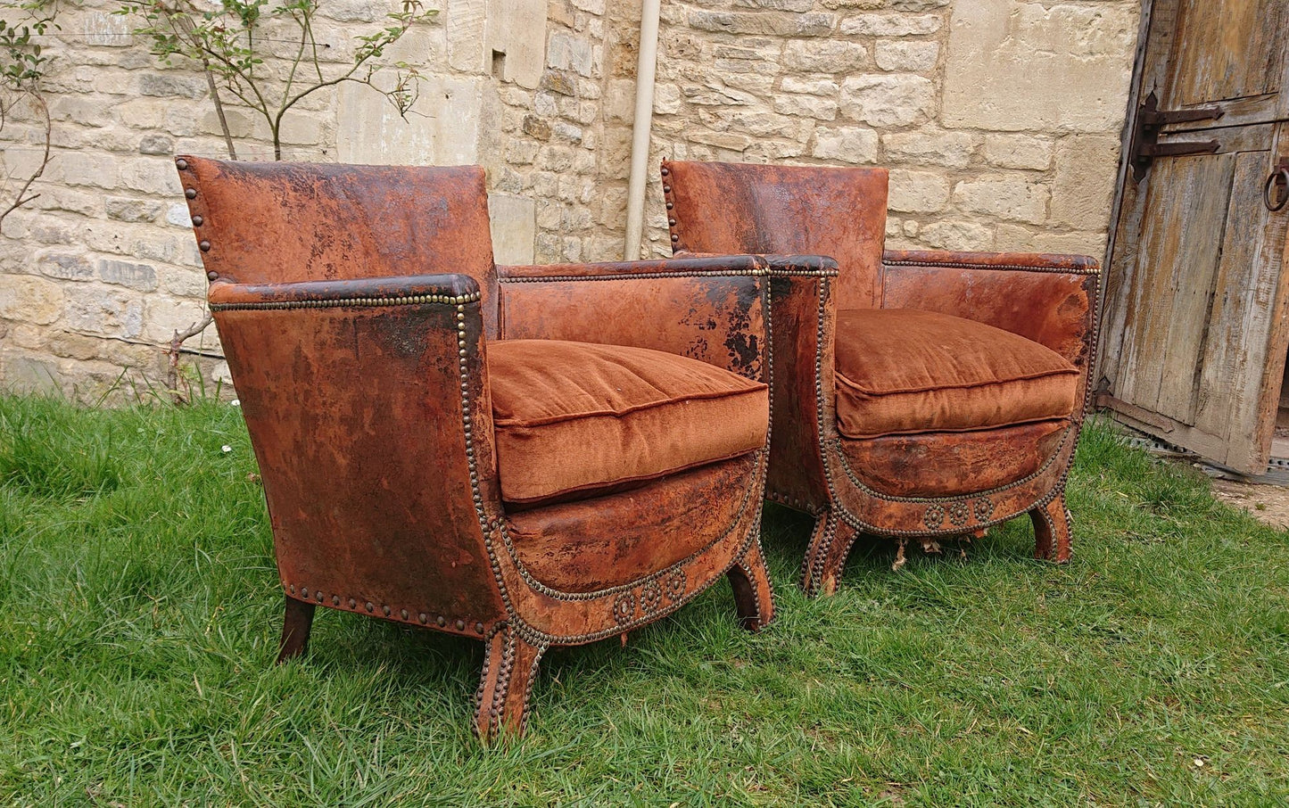 Old Leather Pair of Chairs