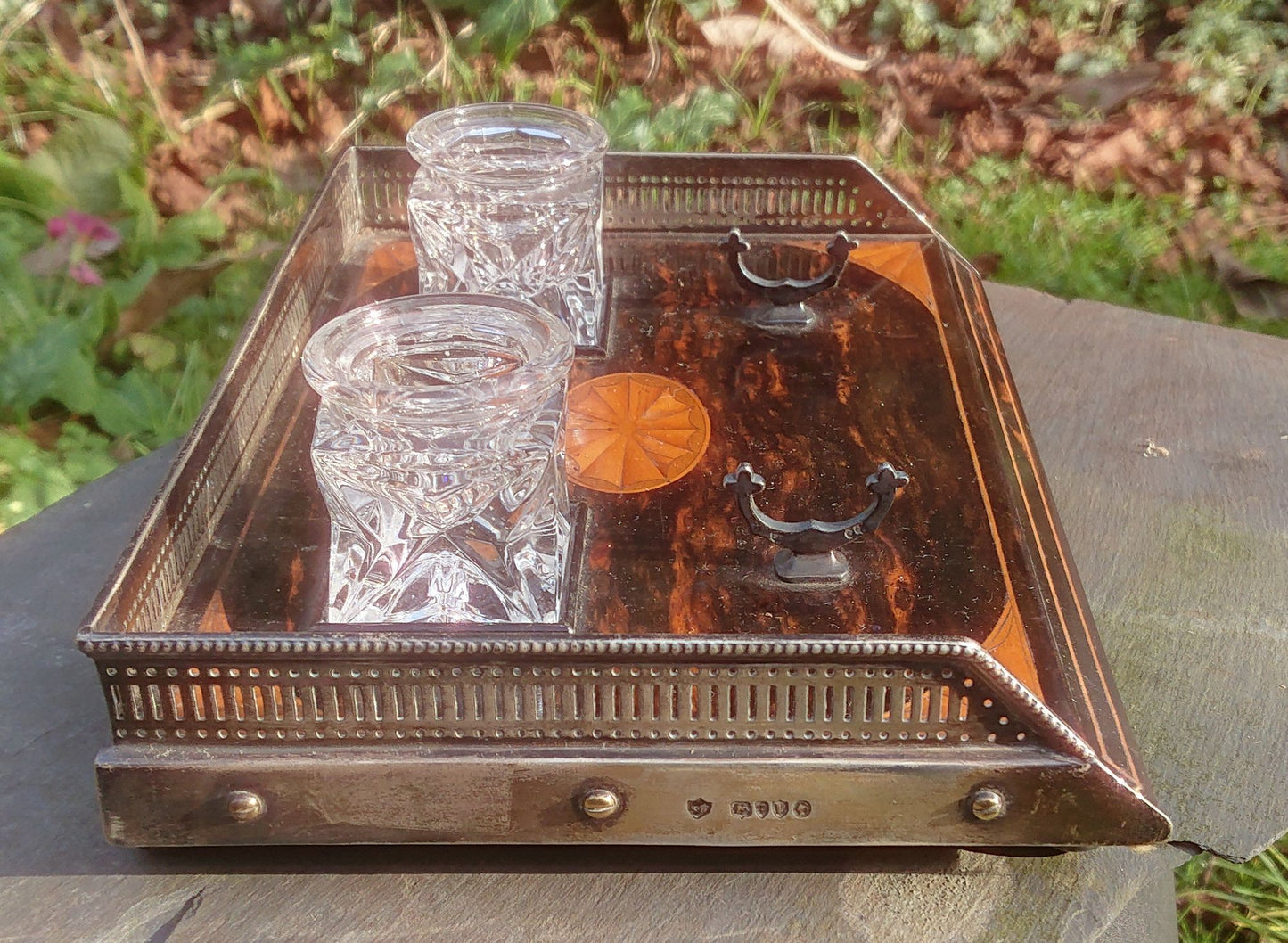 Coromandel and Satinwood Pen and Ink Tray With Silver Mounts and Feet by Rupert Farrell dated 1886