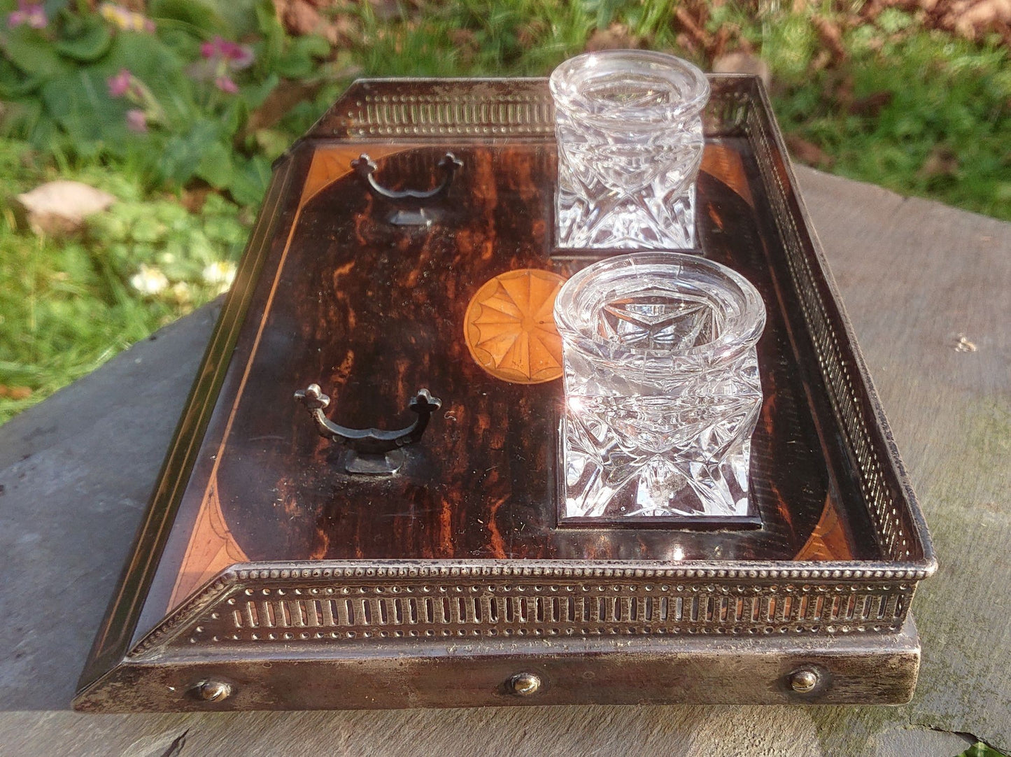 Coromandel and Satinwood Pen and Ink Tray With Silver Mounts and Feet by Rupert Farrell dated 1886