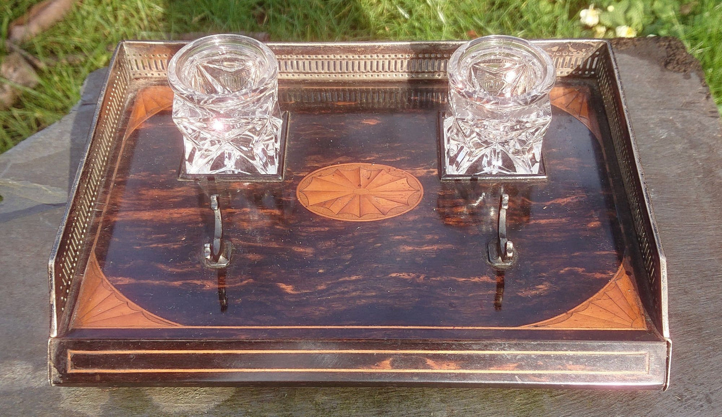 Coromandel and Satinwood Pen and Ink Tray With Silver Mounts and Feet by Rupert Farrell dated 1886