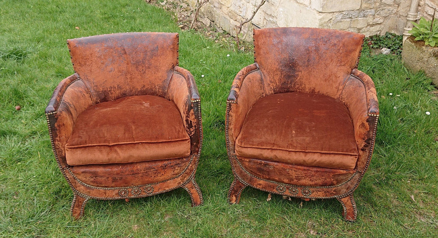 Old Leather Pair of Chairs