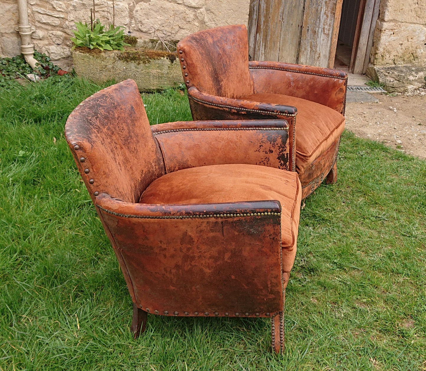 Old Leather Pair of Chairs